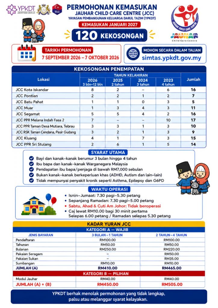 PERMOHONAN KEMASUKAN JAUHAR CHILD CARE CENTRE (JCC) 2027
